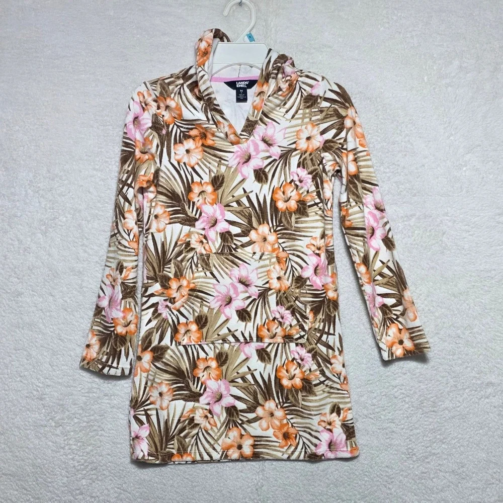 Lands End Girls White Tropic Palm Terry Cloth Hooded Swim Cover-Up Size M 8